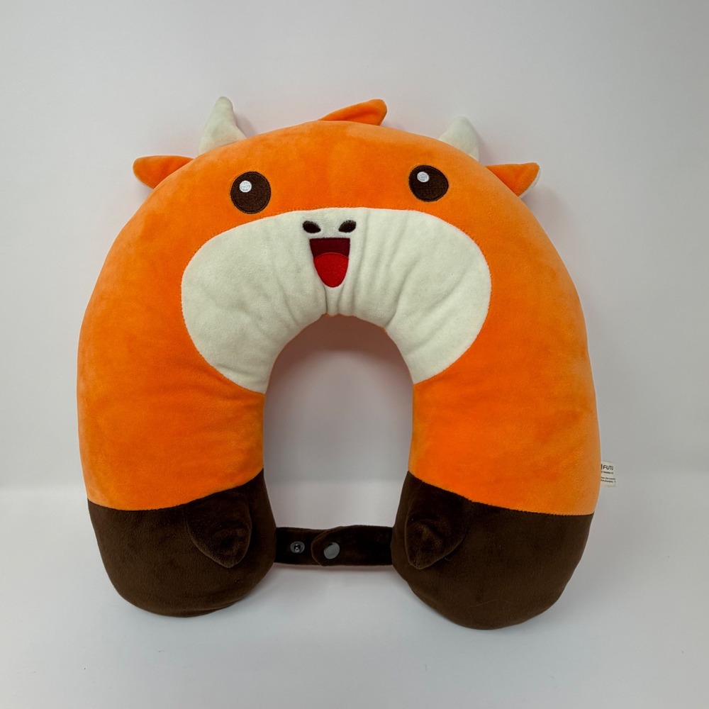 FUTU Neck Pillow Orange Brown Plush Travel Headrest Snap Closure